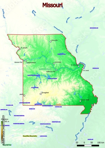 Physical map of Missouri with mountains, plains, bridges, rivers, lakes, mountains, cities
