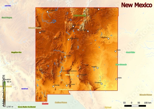 Physical map of New Mexico with mountains, plains, bridges, rivers, lakes, mountains, cities