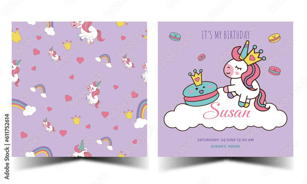 Seamless pattern front for card or wallpaper and card invitation with unicorn design and staff. CMYK format, ready to print. Vector illustration Seamless pattern front for card or wallpaper and card invitation with unicorn design and staff. CMYK format, ready to print. Vector illustration