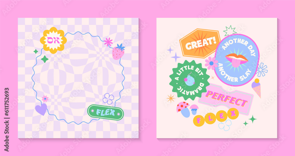 Vector set of cute templates with patches and stickers in 90s style.Modern symbols in y2k aesthetic with text.Trendy funky designs for banners,social media marketing,branding,packaging,covers Vector set of cute templates with patches and stickers in 90s style.Modern symbols in y2k aesthetic with text.Trendy funky designs for banners,social media marketing,branding,packaging,covers