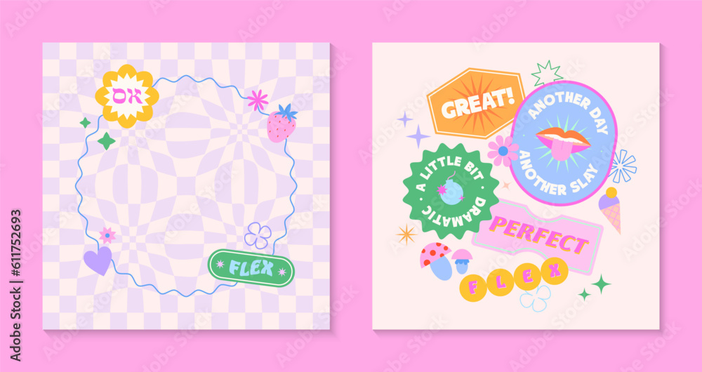 Vector set of cute templates with patches and stickers in 90s style.Modern symbols in y2k aesthetic with text.Trendy funky designs for banners,social media marketing,branding,packaging,covers