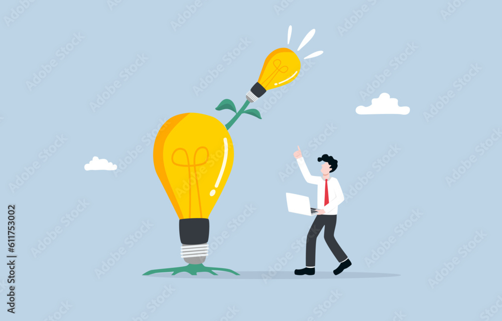 Developing originality, new creativity from original idea, inspiration to think forward concept, Businessman looking at new light bulb branch growing from light bulb tree. Developing originality, new creativity from original idea, inspiration to think forward concept, Businessman looking at new light bulb branch growing from light bulb tree.