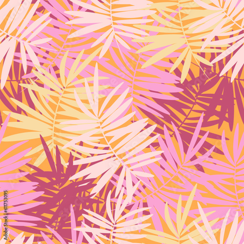 Seamless vector pattern with tropical leaves.