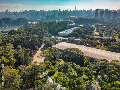 Aerial view of Sao Paulo city, next to Ibirapuera Park. Prevervetion area with trees and green area of Ibirapuera park in Sao Paulo city, Brazil.