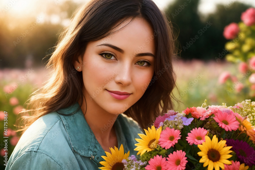Portrait of a woman with bouquet of flowers in a garden. Generative AI. Portrait of a woman with bouquet of flowers in a garden. Generative AI.