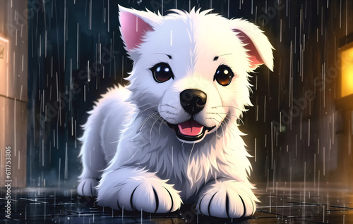 Cute dog in the rain in the city center. Generative AI. © Anton Dios