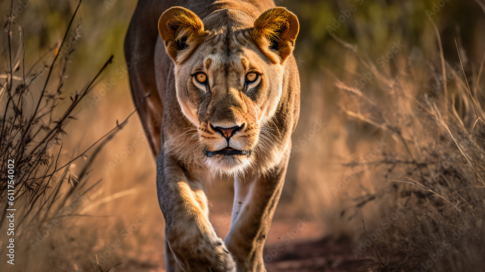 A majestic lioness on the prowl, her powerful presence commanding attention in the African wilderness, generative ai - obrazy, fototapety, plakaty 