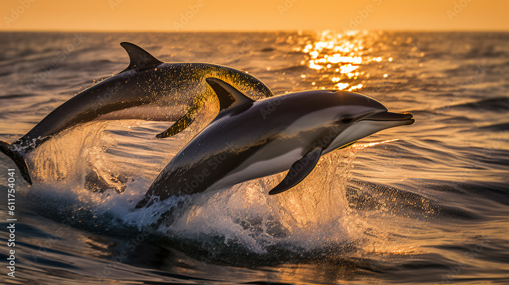 A playful group of dolphins leaping joyfully out of the water, creating a beautiful spectacle of grace and freedom, generative ai