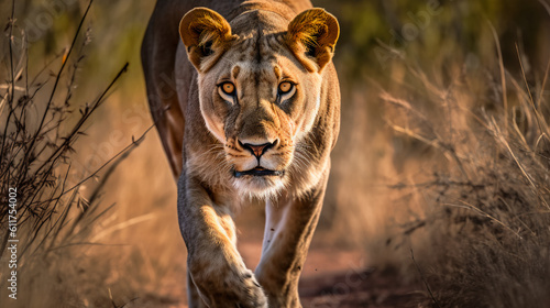 A majestic lioness on the prowl, her powerful presence commanding attention in the African wilderness, generative ai photo