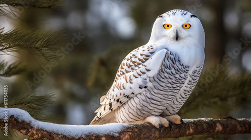A majestic snowy owl perched on a tree branch, its piercing gaze captivating all who behold it, generative ai