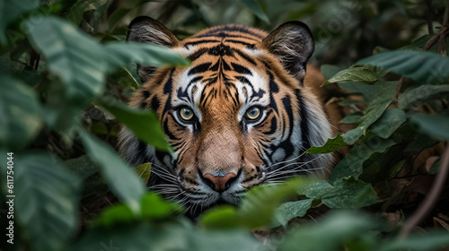 A majestic tiger stalking through dense foliage  its piercing eyes fixed on its prey  generative ai