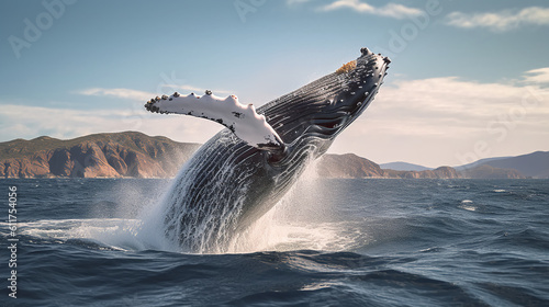 A majestic humpback whale breaching the ocean's surface, displaying its incredible power and grace, generative ai