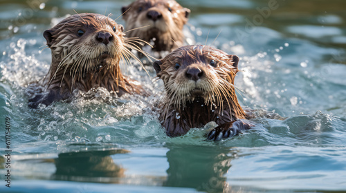 A group of playful otters frolicking in the clear blue water, generative ai © kian