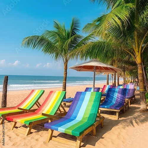 Rainbow colored sunbeds stay on summer beach under palms and blue sky. Vacation concept on seascape background on afternoon. AI generative