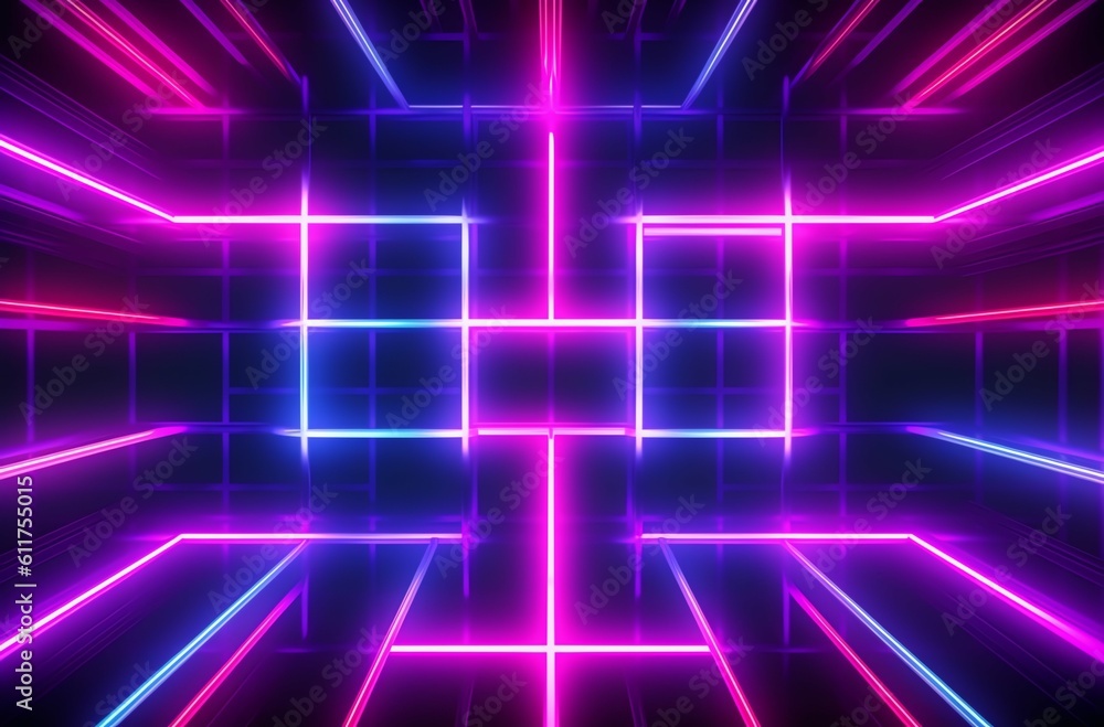 Technological and futuristic abstract neon light shapes on black background over, generative ai Technological and futuristic abstract neon light shapes on black background over, generative ai