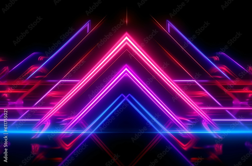 Technological and futuristic abstract neon light shapes on black background over, generative ai Technological and futuristic abstract neon light shapes on black background over, generative ai