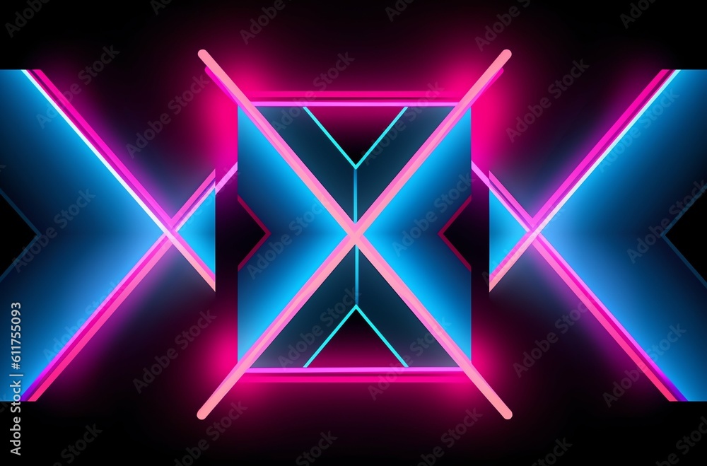 Technological and futuristic abstract neon light shapes on black background over, generative ai Technological and futuristic abstract neon light shapes on black background over, generative ai