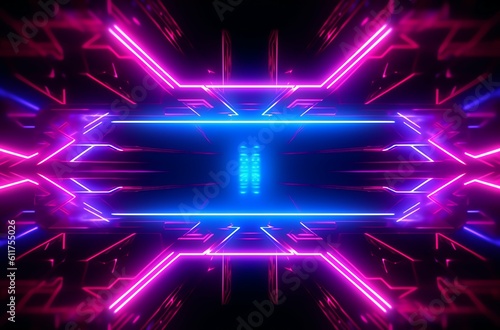 Technological and futuristic abstract neon light shapes on black background over, generative ai © Game Background