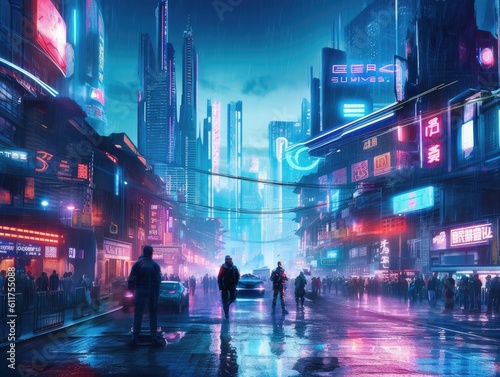 futuristic fantasy scene where a skilled warrior engages in a high-tech battle against robotic adversaries, set in a sprawling cyberpunk cityscape