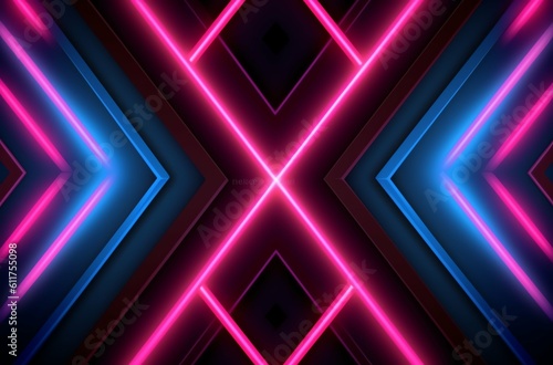 Technological and futuristic abstract neon light shapes on black background over, generative ai