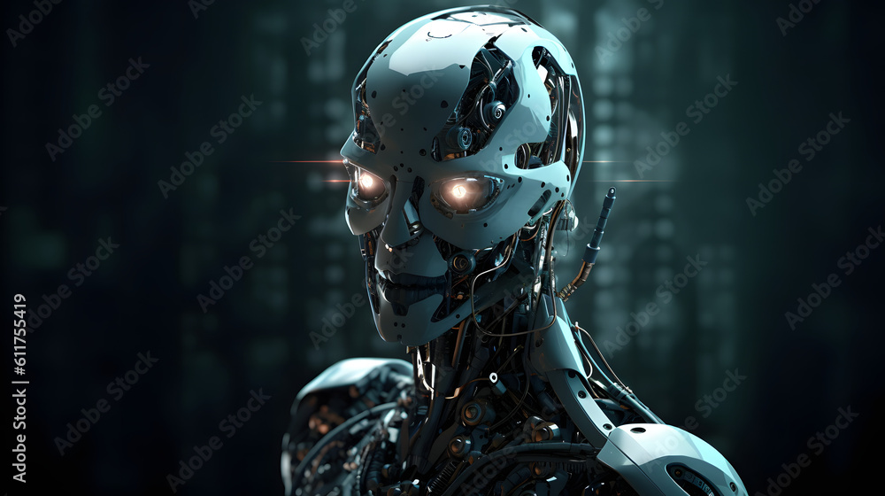 Naklejka premium gros plan d'un visage de robot aux yeux luisants, généré par IA