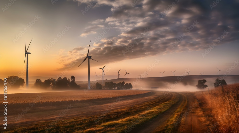 Obraz premium Sunset View of Wind Turbines on a Field