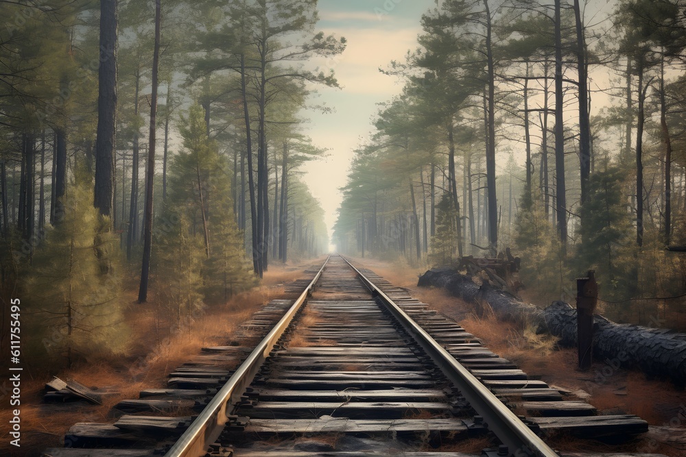 Fototapeta premium railway in the forest. generative AI illustration.