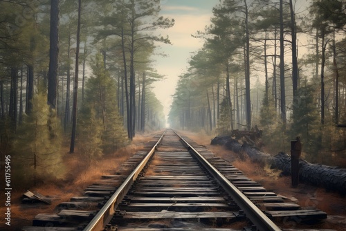 railway in the forest. generative AI illustration.