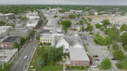 High aerial of the buildings along Main Street in Bay Shore Long Island photo