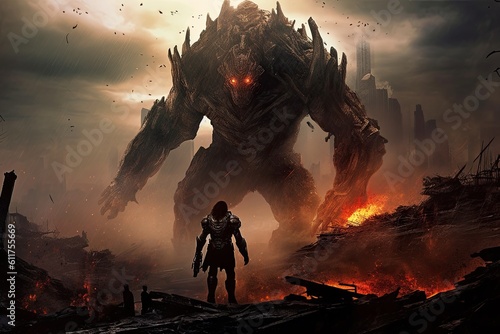 Illustrate an epic futuristic fantasy scene showcasing a fearless warrior engaged in an intense battle against colossal mechanical monsters, set in a dystopian wasteland