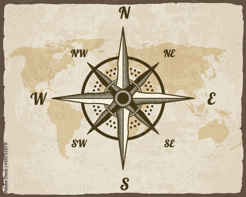 Retro nautical compass. Hand drawn wind rose on map background. Old vector design element for marine theme and heraldry. Vintage rose of wind for sea marine navigation