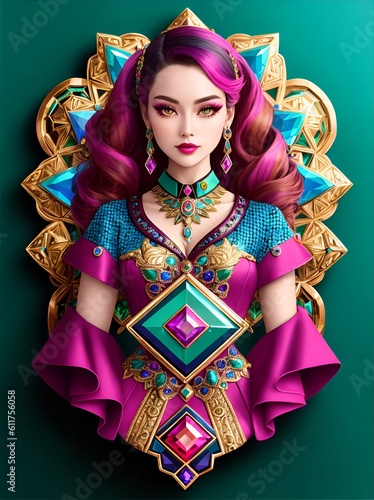 Portrait of a woman in costume with handcrafted brooch that features a stunning combination of gemstones and intricate metalwork