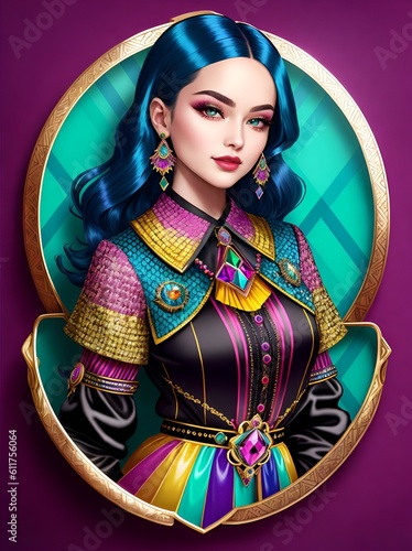 Portrait of a woman in costume with handcrafted brooch that features a stunning combination of gemstones and intricate metalwork