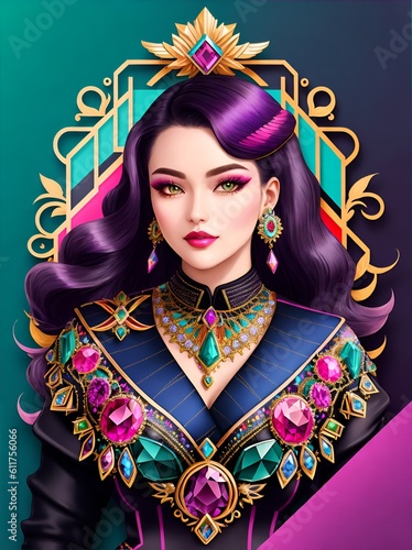 Portrait of a woman in costume with handcrafted brooch that features a stunning combination of gemstones and intricate metalwork