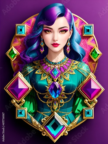Portrait of a woman in costume with handcrafted brooch that features a stunning combination of gemstones and intricate metalwork