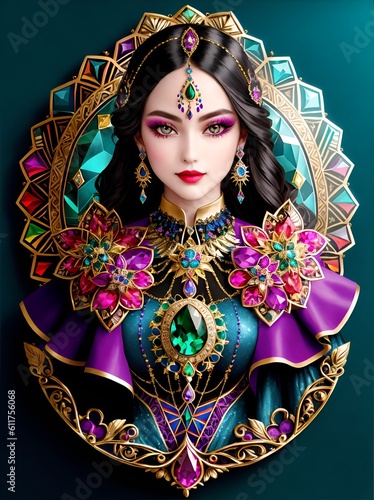 Portrait of a woman in costume with handcrafted brooch that features a stunning combination of gemstones and intricate metalwork