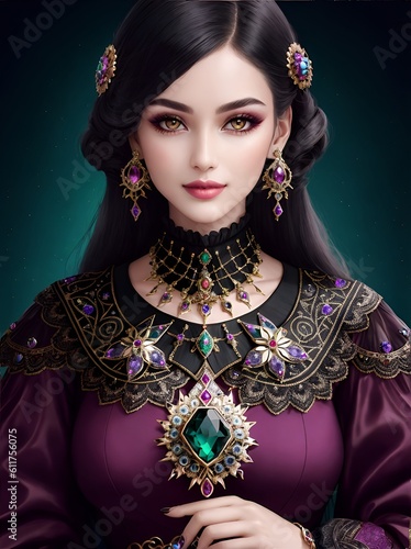Portrait of a woman in costume with handcrafted brooch that features a stunning combination of gemstones and intricate metalwork