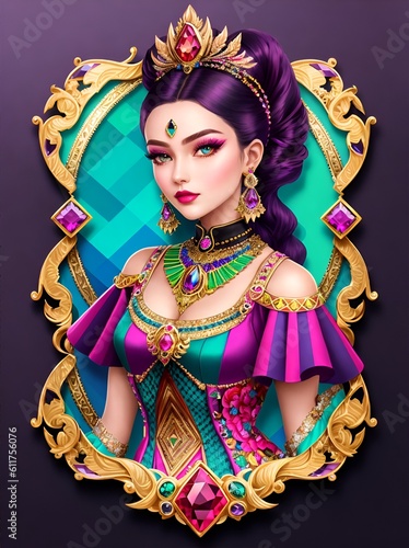 Portrait of a woman in costume with handcrafted brooch that features a stunning combination of gemstones and intricate metalwork