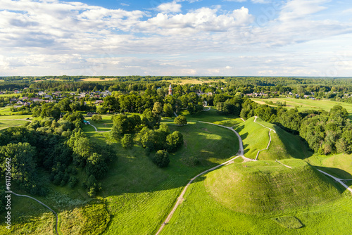 Aerial view of Kernave Archaeological site, a medieval capital of the Grand Duchy of Lithuania, tourist attraction and UNESCO World Heritage Site. photo