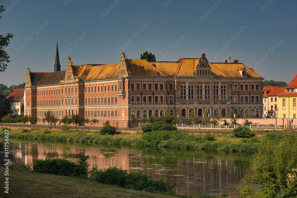 Blick auf das Gymnasium St. Augustin, Stadt Grimma am Fluss Mulde, Sachsen, Deutschland