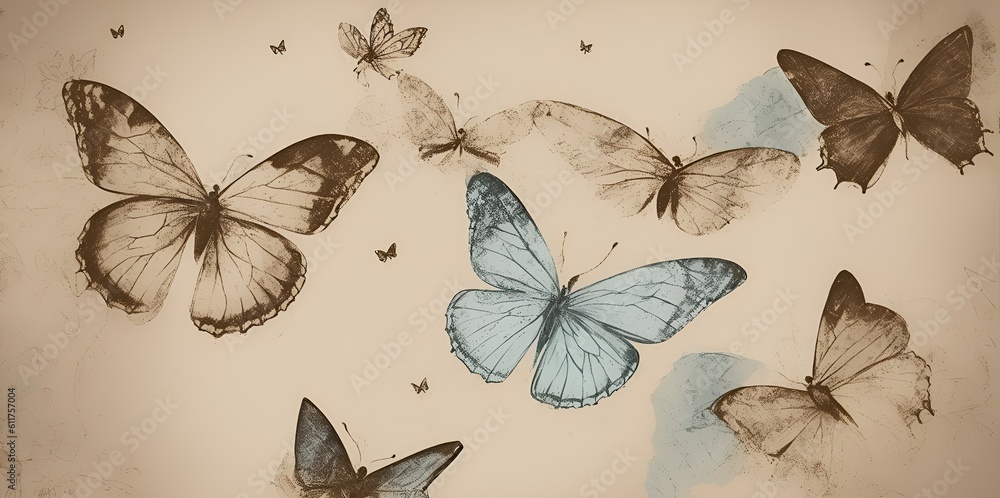 Images of butterflies on a light background in vintage style.