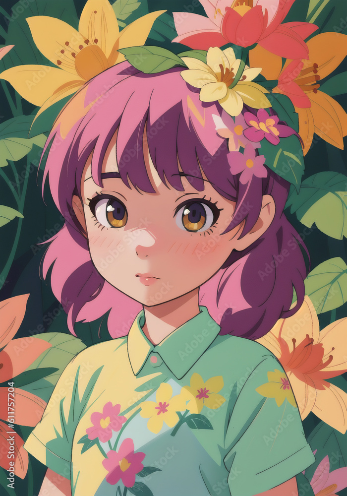 Portrait beautiful girl with flowers on her head. Woman with flower arrangement on head. Generative AI. Portrait beautiful girl with flowers on her head. Woman with flower arrangement on head. Generative AI.