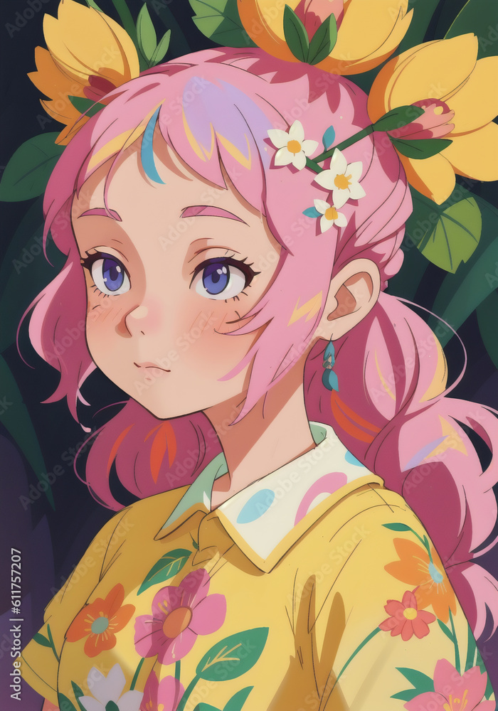 Portrait beautiful girl with flowers on her head. Woman with flower arrangement on head. Generative AI. Portrait beautiful girl with flowers on her head. Woman with flower arrangement on head. Generative AI.