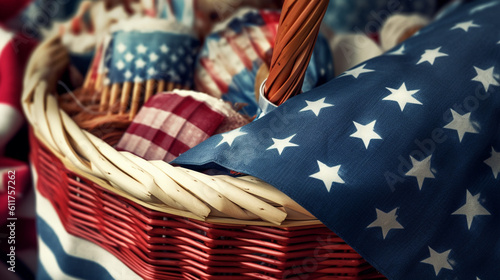 4th of July and Memorial Day Picnic Basket Concept - Filled with Foods and Themed in American Patriotic Colors - Generative AI