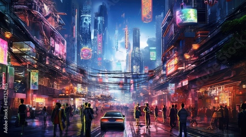 the futuristic world of artificial intelligence through a captivating technological landscape illuminated by vibrant neon lights