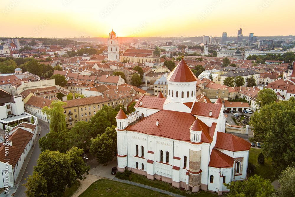 Fototapeta premium Aerial view of Vilnius Old Town, one of the largest surviving medieval old towns in Northern Europe. Summer landscape of Old Town of Vilnius, Lithuania