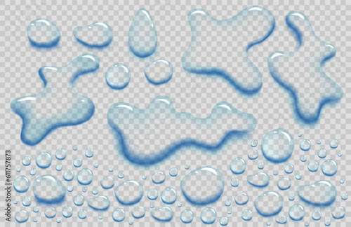 Water puddle drops set. Top view liquid splashes set, wet environment. Water spill or aqua scattered drops isolated on transparent background