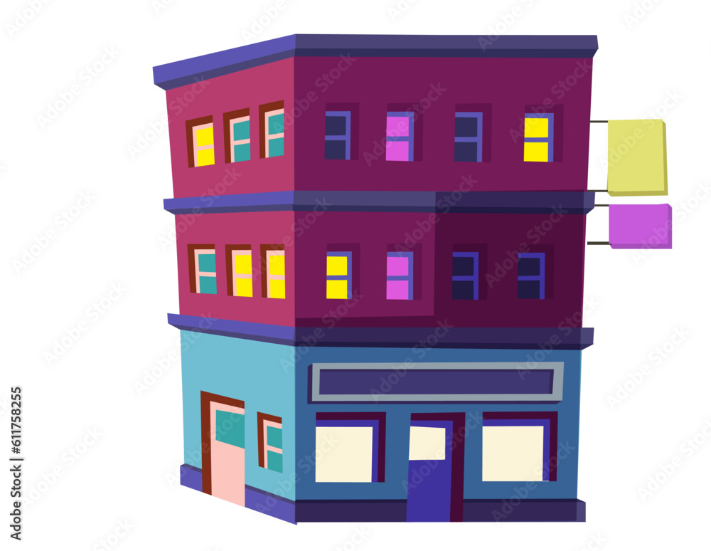 house for city at night. Bright brown house with colored windows in cartoon style. High-rise building on a white background.