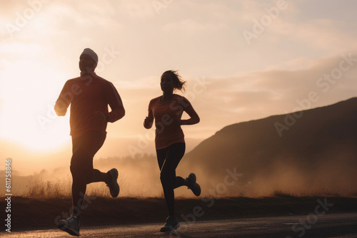 Active couple running together at sunset. Male and female athletes running at street. Active lifestyle. Created with Generative AI