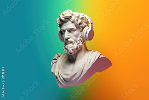Gypsum statue in headphones on colored abstract background. Creative aesthetic contemporary art collage. Fashion wallpaper. Created with Generative AI